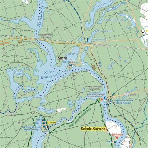 Mapa Zalewu Koronowskiego z zaznaczonymi ośrodkami wypoczynkowymi i głównymi atrakcjami