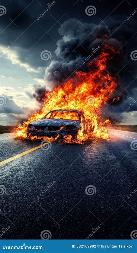 Thematic photo of a burning car on a road with emergency services present.