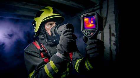 Thematic photo of a firefighter using a thermal camera in a smoky environment.