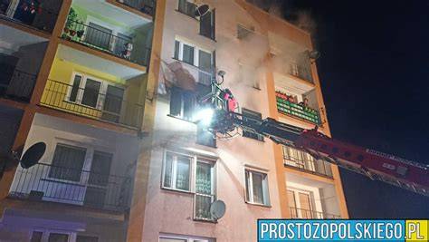 Strażacy gaszący pożar mieszkania w bloku