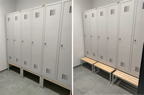 Wnętrze ergonomicznej szatni z szafkami i ławkami