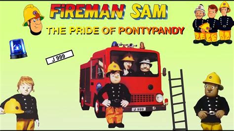Infographic or character sheet of Fireman Sam and his friends from Pontypandy