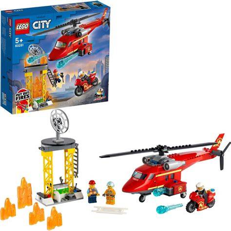 Infografika przedstawiająca elementy zestawu LEGO City Strażacki Helikopter Ratunkowy (60281) z minifigurkami i scenografią