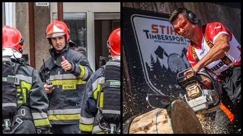 strażak uczestniczący w zawodach STIHL® TIMBERSPORTS® podczas rąbania drewna