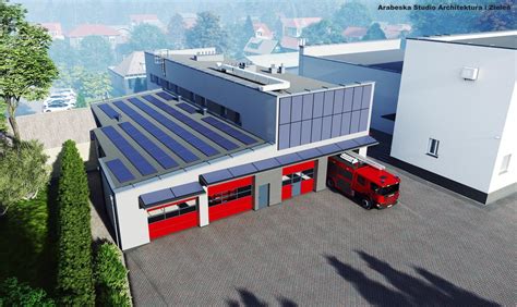 Koncepcyjna wizualizacja modularnej remizy strażackiej w stylu Farming Simulator