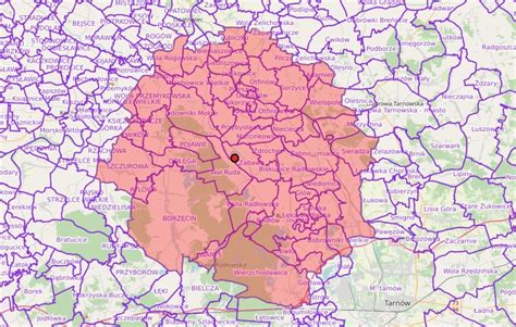 Mapa powiatu brzeskiego z zaznaczoną lokalizacją Poręby Spytkowskiej