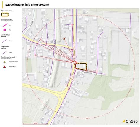 Mapa działki z zaznaczonym przebiegiem linii energetycznej