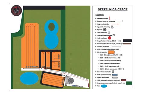 Schemat strzelnicy z zaznaczonym korytarzem i źródłem pożaru