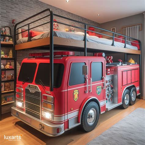 Thematic photo of a child excitedly looking at a fire truck bed in a decorated room