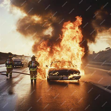 Thematic photo of a car fire on a highway MOP, with firefighters extinguishing flames, night time scene