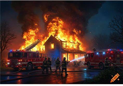 Thematic photo of firefighters working at night at the scene of a house fire, emphasizing the wooden structure