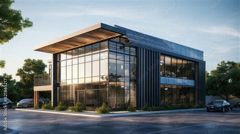 Thematic photo of a modern office building exterior in a small town