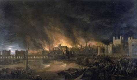 historyczna ilustracja wielkiego pożaru Londynu 1666