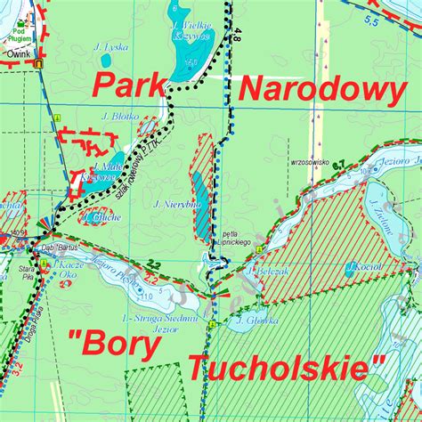 mapa Parku Narodowego Bory Tucholskie z zaznaczonym obszarem pożaru