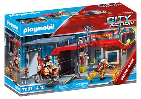 Ilustracja remizy strażackiej Playmobil z wozami i figurkami