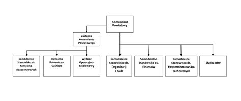Schemat organizacyjny Ochotniczej Straży Pożarnej przedstawiający strukturę dowodzenia i kluczowe funkcje