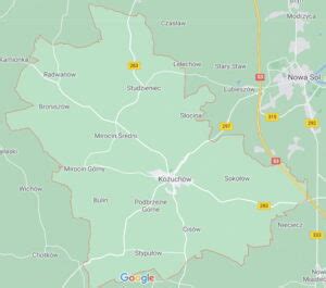 Mapa gminy Kożuchów z zaznaczonymi lokalizacjami OSP