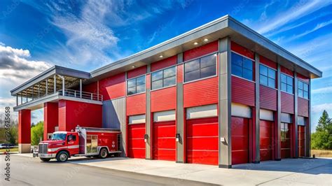 Thematic photo of modern fire trucks in front of a fire station