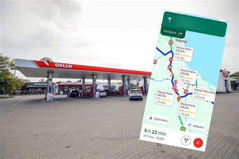 Infografika z ikonami stacji paliw, restauracji i warsztatów samochodowych na trasie