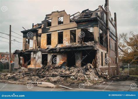 Photo of a fire-damaged building exterior with visible signs of a fall or impact zone on the ground.