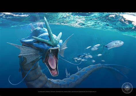 Thematic image of a Water-type Pokemon like Gyarados using a Water-type move, with a fiery effect nearby