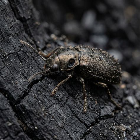 Portret ciemnika czarnego (Melanophila acuminata) na spalonej kłodzie.