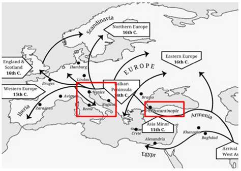 Map of historical Roma migration routes into Central Europe, highlighting the Carpathian region.